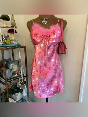 Pink Heart Print Sheer Slip Dress w Fuzzy Trim Seductive Wear by Cinema Etoile
